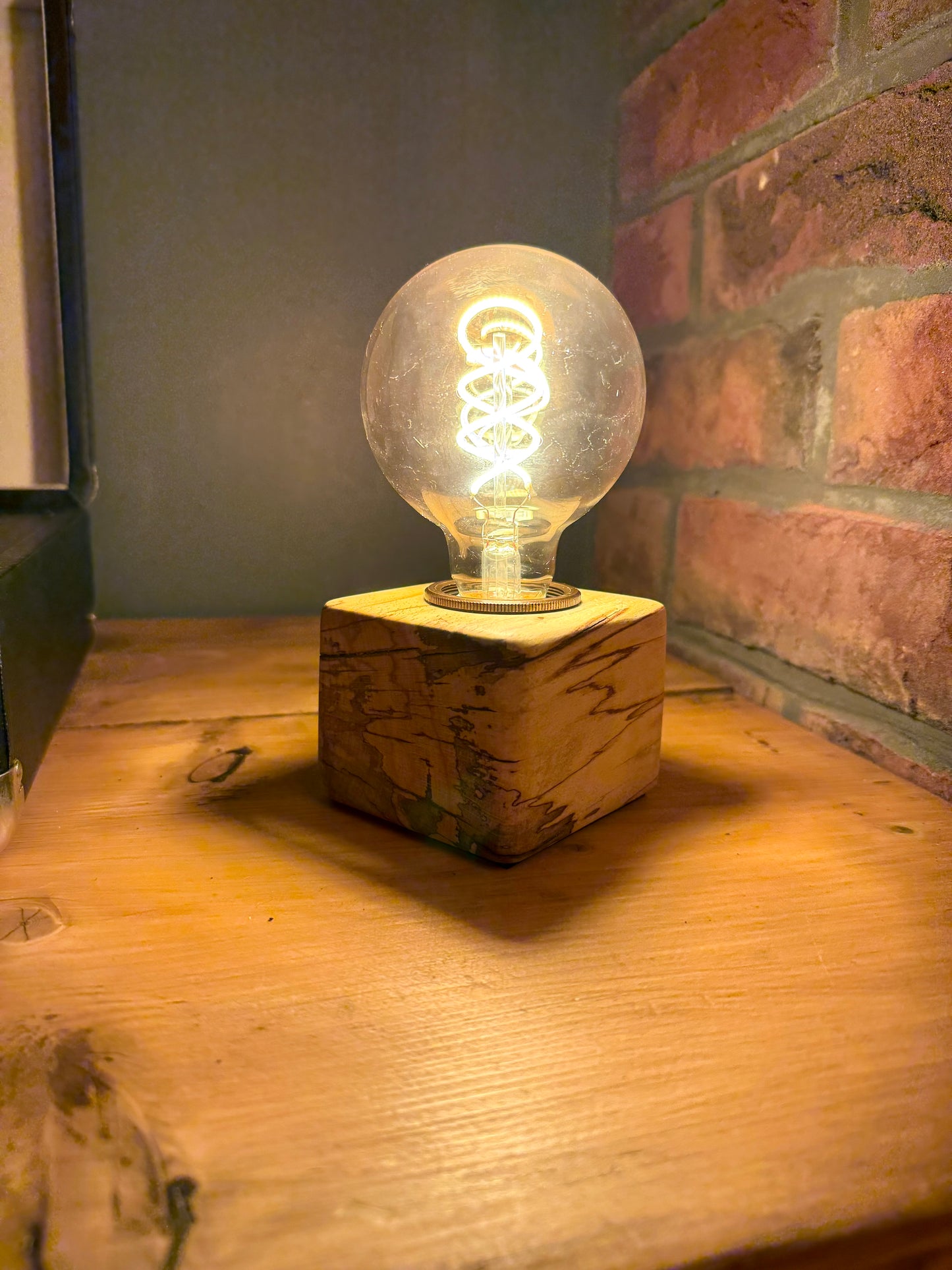 Handmade Rustic Spalted Beech Wood Cube Lamp with Brown Marl Fabric Cable