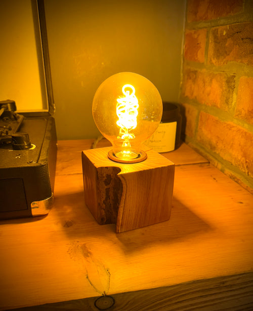 Handmade Acacia Wood Cube Lamp with Grey Marl Fabric Cable