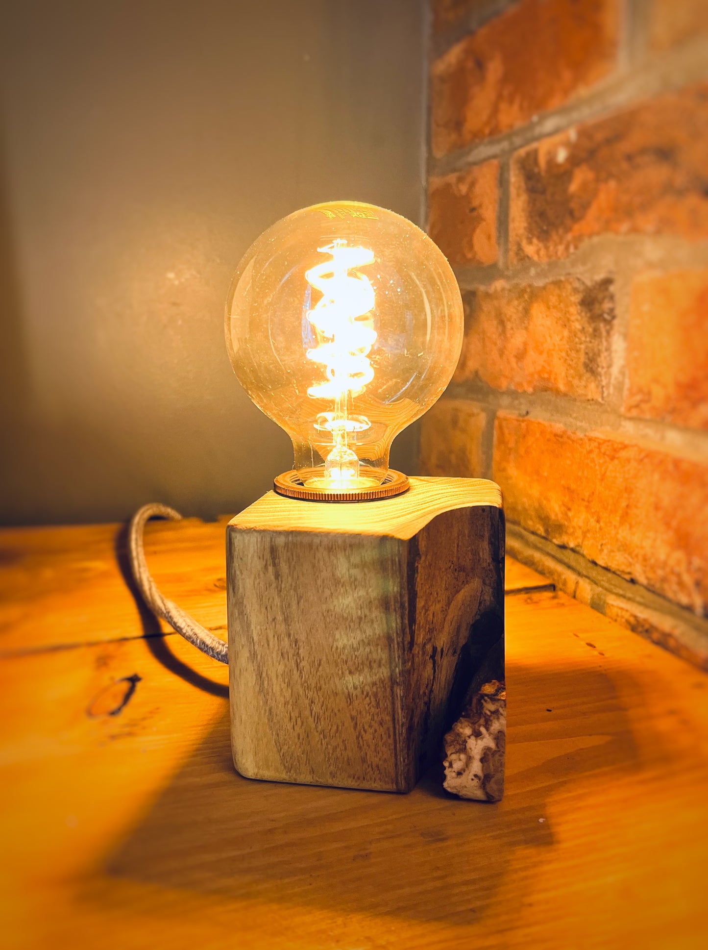 Handmade Acacia Wood Cube Lamp with Grey Marl Fabric Cable