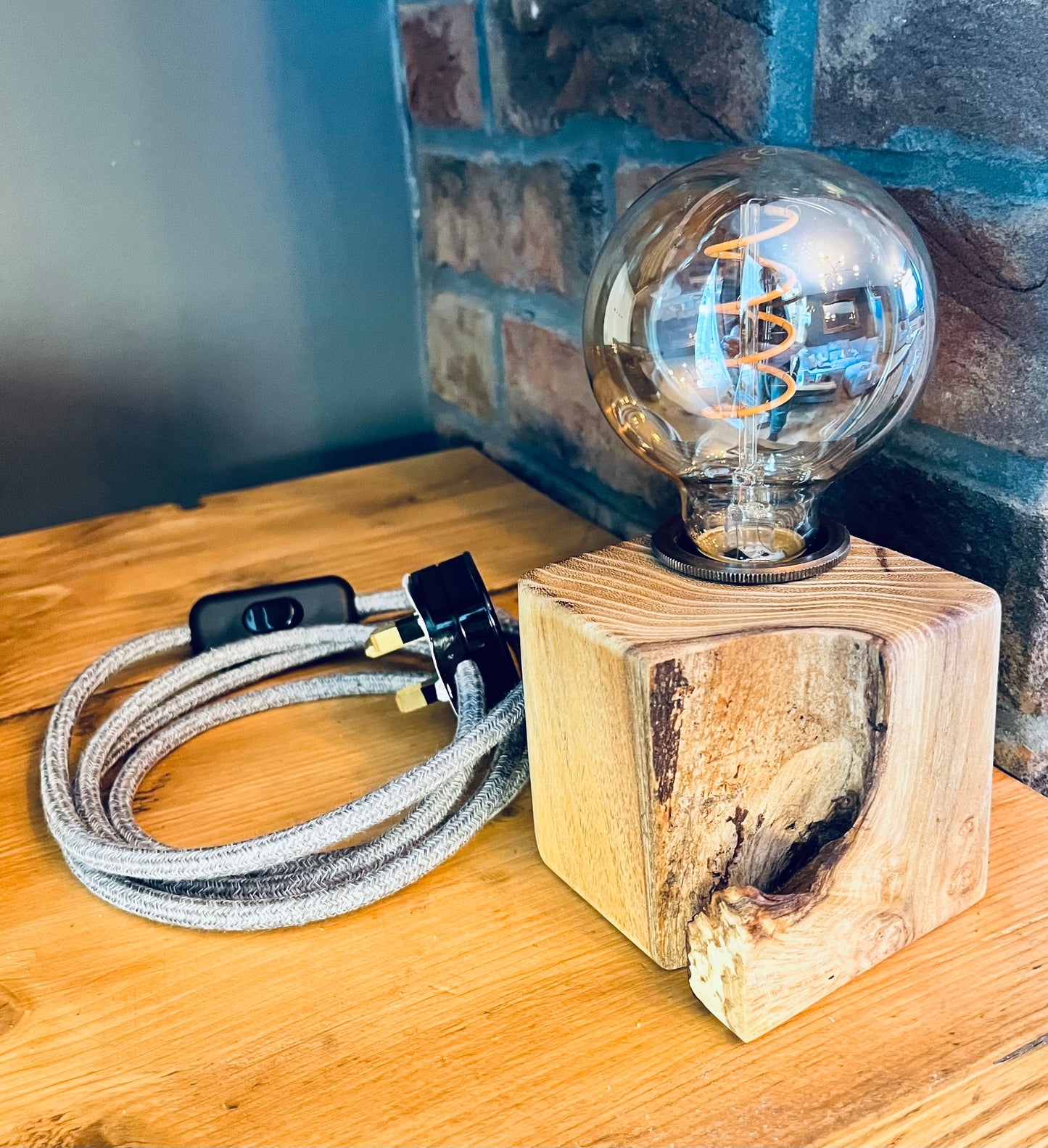 Handmade Acacia Wood Cube Lamp with Grey Marl Fabric Cable