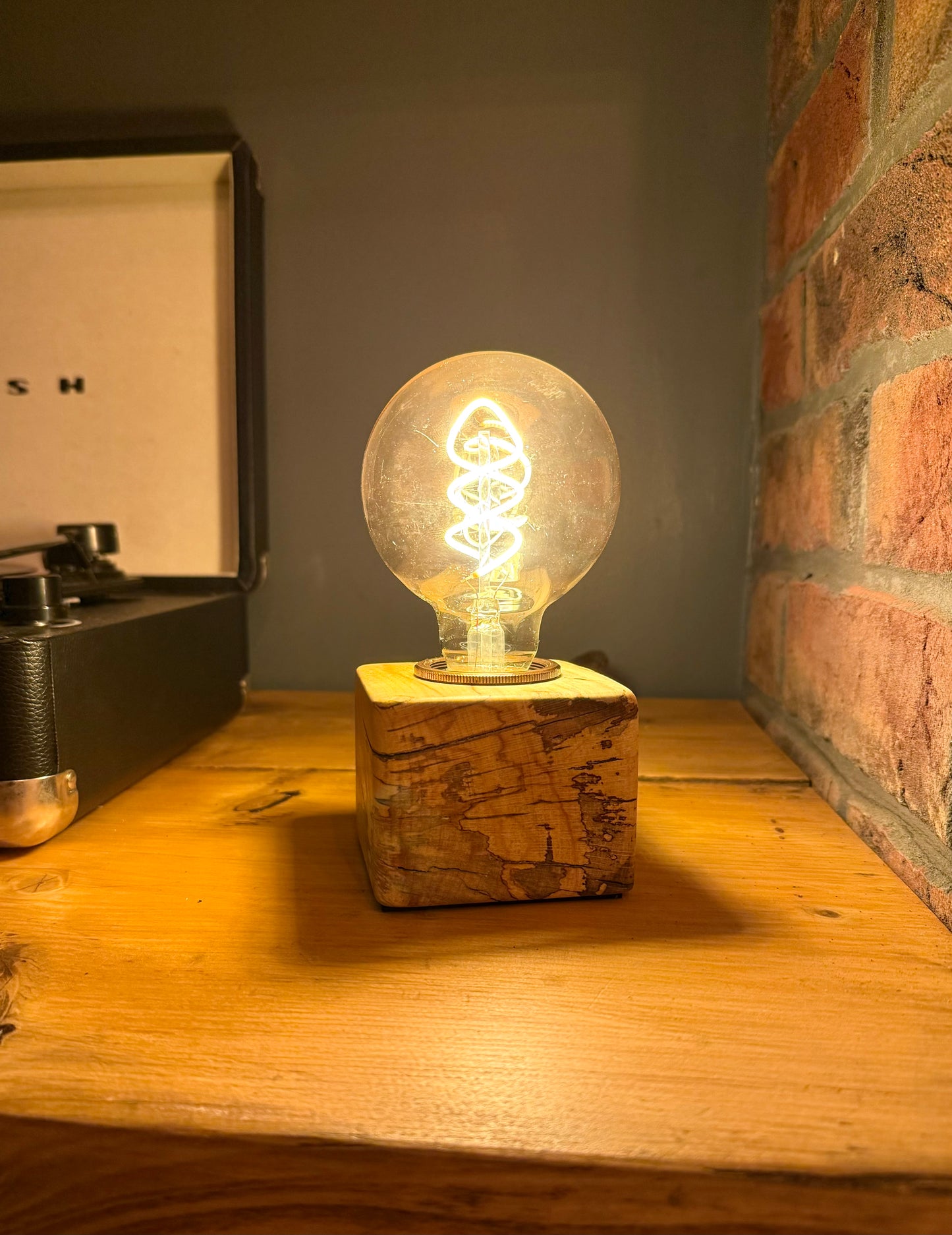 Handmade Rustic Spalted Beech Wood Cube Lamp with Brown Marl Fabric Cable