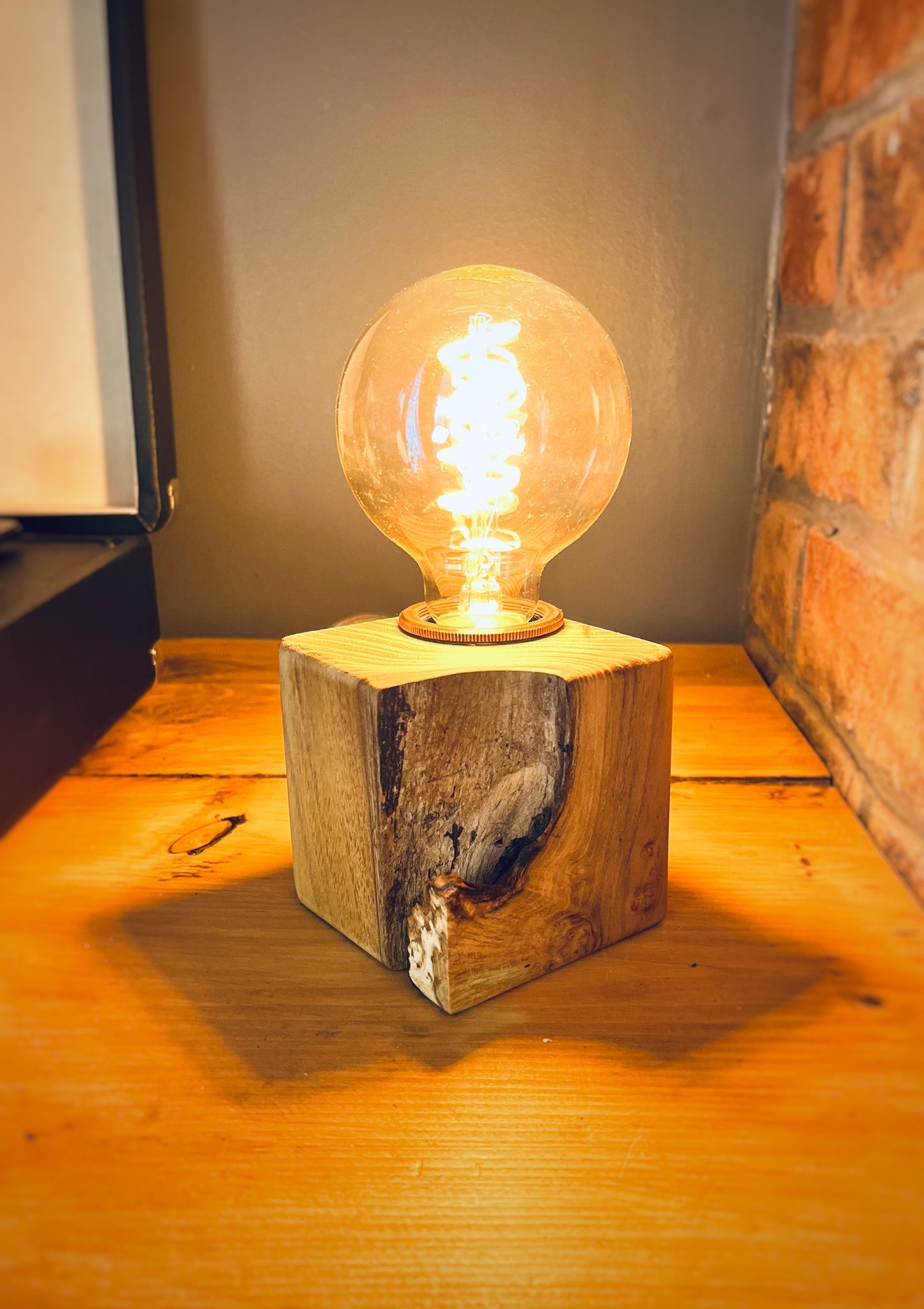 Handmade Acacia Wood Cube Lamp with Grey Marl Fabric Cable