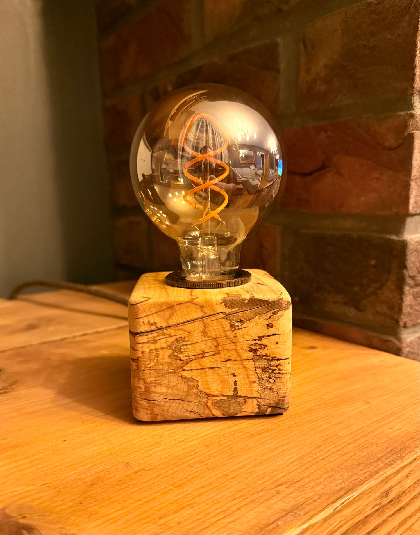 Handmade Rustic Spalted Beech Wood Cube Lamp with Brown Marl Fabric Cable