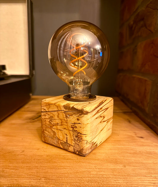 Handmade Rustic Spalted Beech Wood Cube Lamp with Brown Marl Fabric Cable