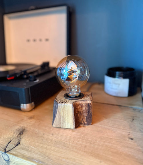 Handmade Acacia Wood Cube Lamp with Grey Marl Fabric Cable