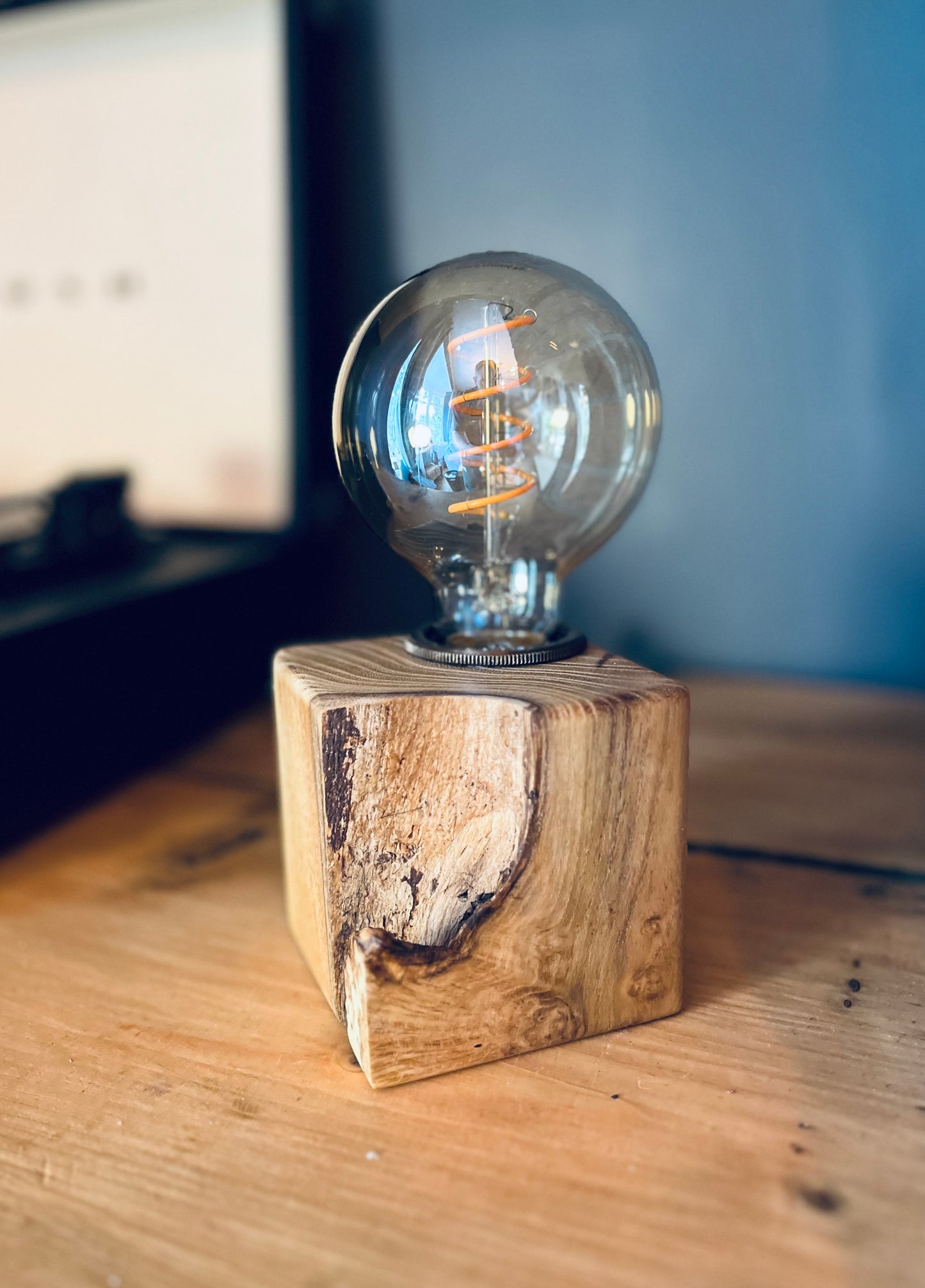 Handmade Acacia Wood Cube Lamp with Grey Marl Fabric Cable