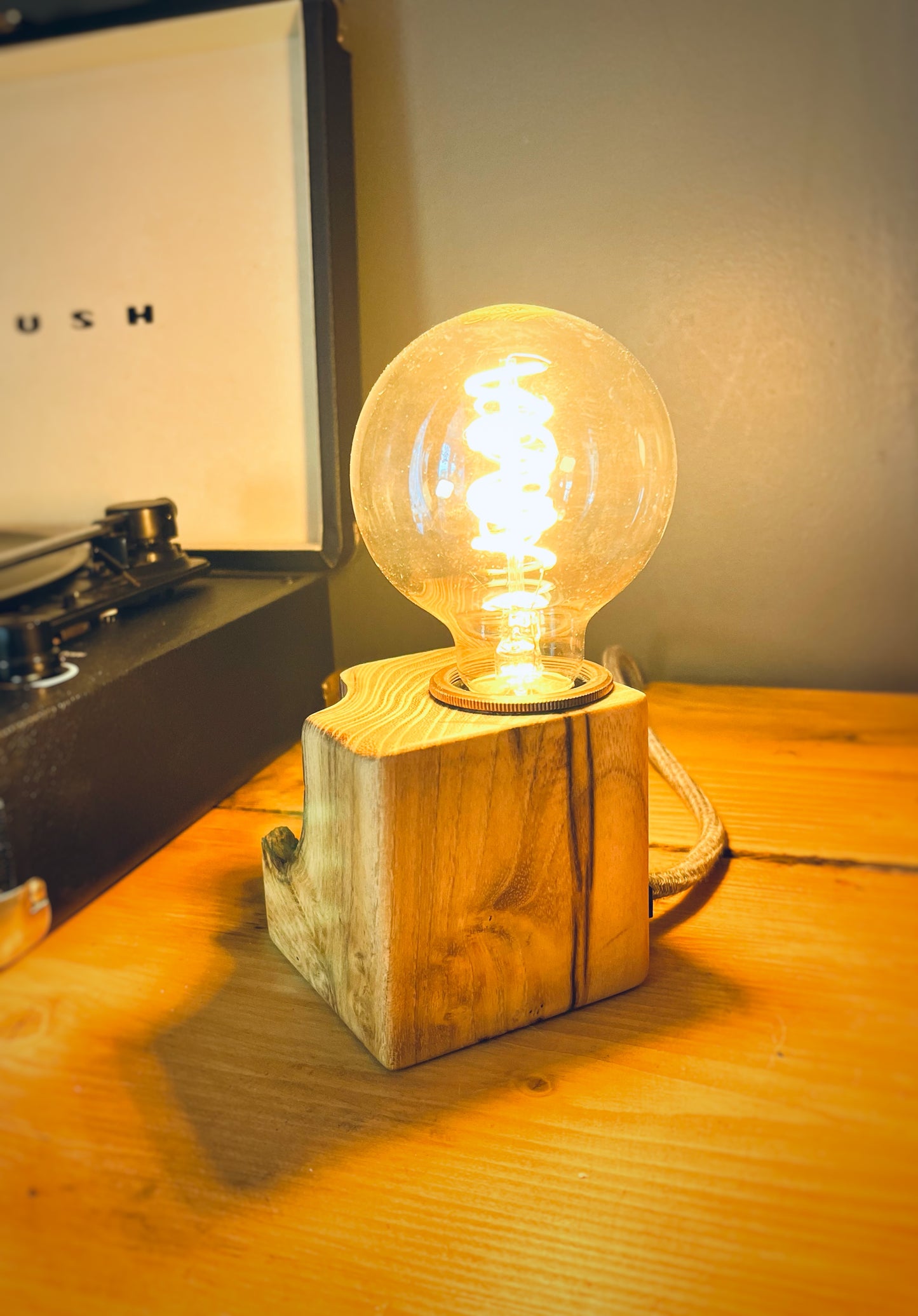 Handmade Acacia Wood Cube Lamp with Grey Marl Fabric Cable