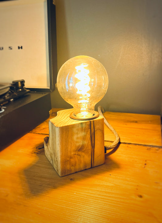 Handmade Acacia Wood Cube Lamp with Grey Marl Fabric Cable