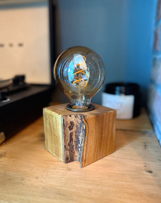 Handmade Acacia Wood Cube Lamp with Grey Marl Fabric Cable