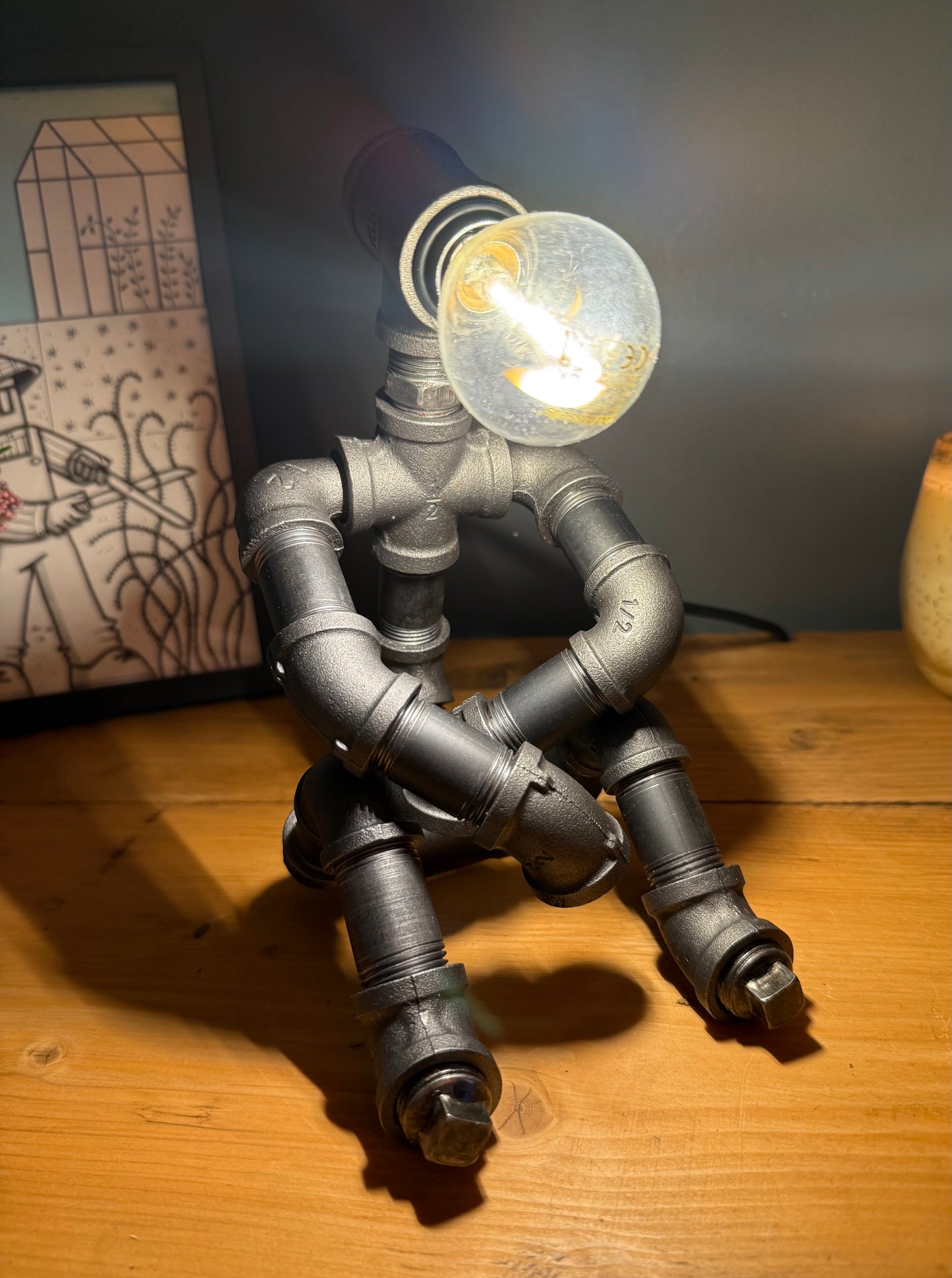 The Tranquil Man Industrial Iron Pipe Lamp & Modern White Bulb