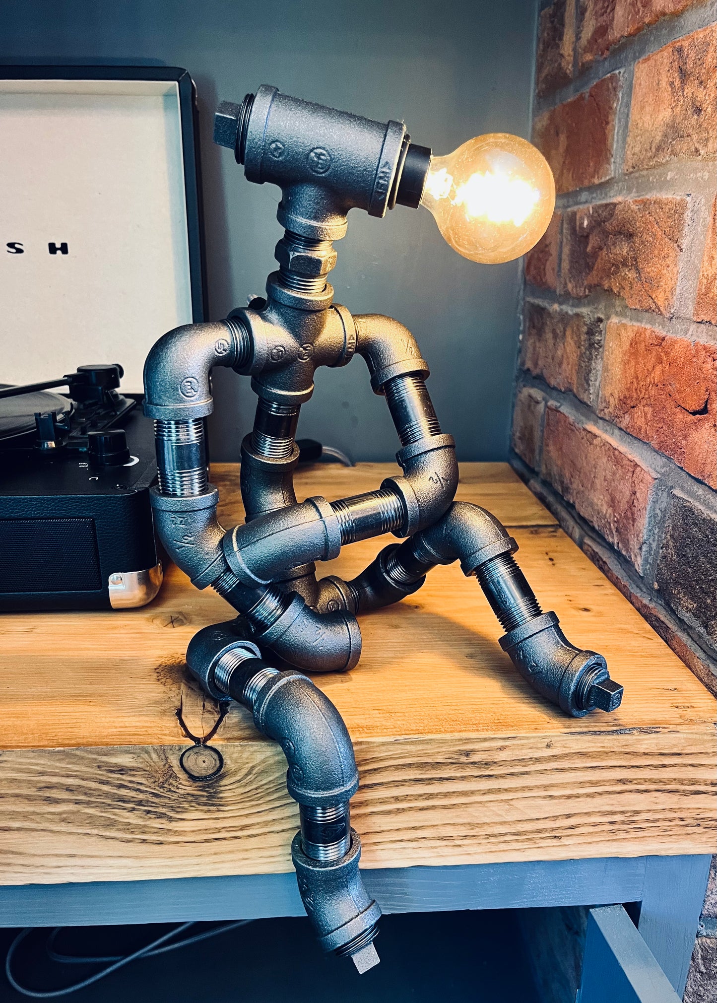 The Companion Industrial Iron Pipe Person Robot Lamp & Vintage Bulb