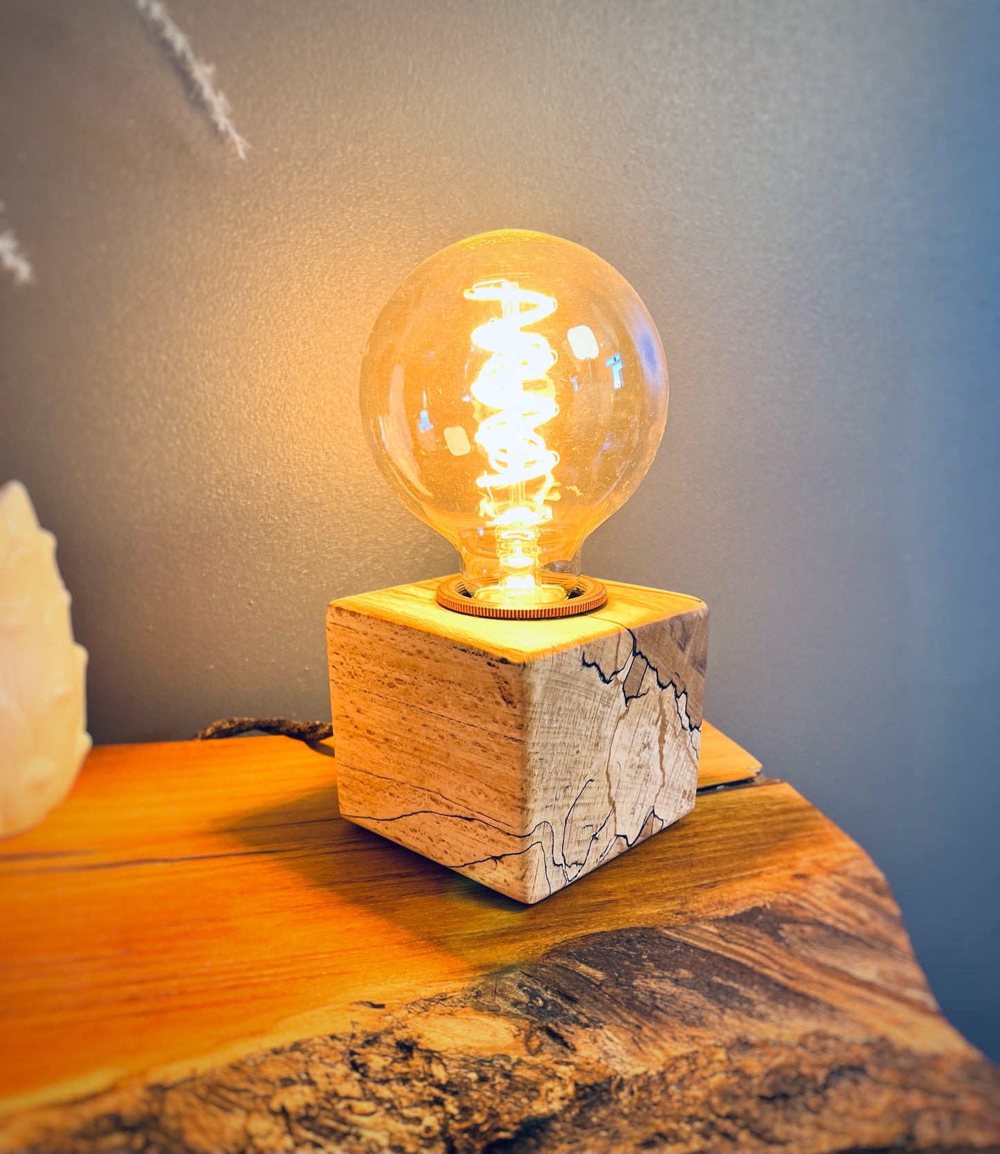 Handmade Rustic Spalted Beech Wood Cube Lamp with Brown Marl Fabric Cable