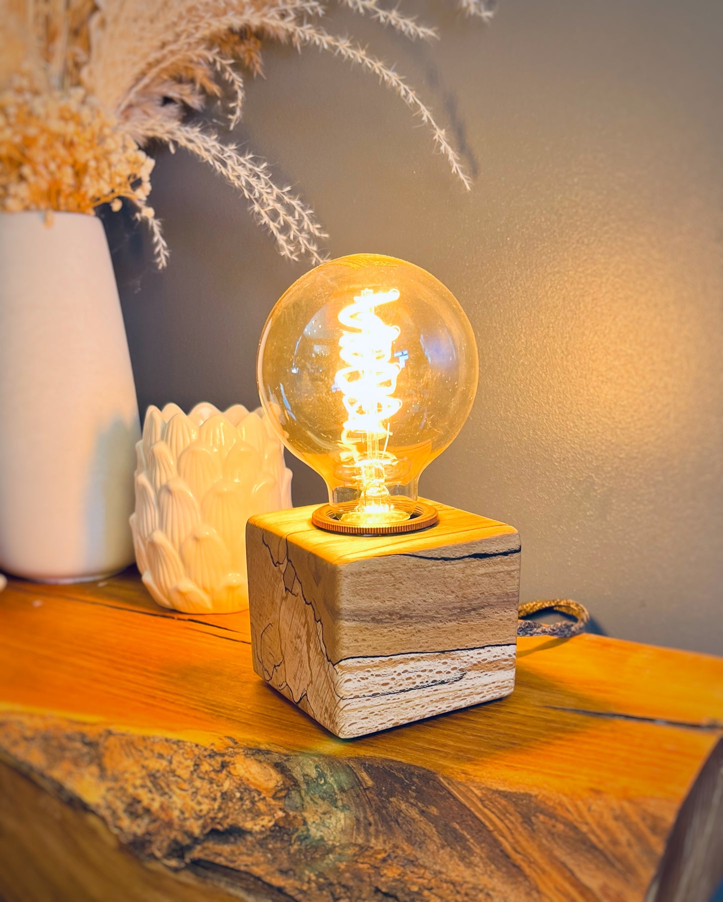 Handmade Rustic Spalted Beech Wood Cube Lamp with Brown Marl Fabric Cable