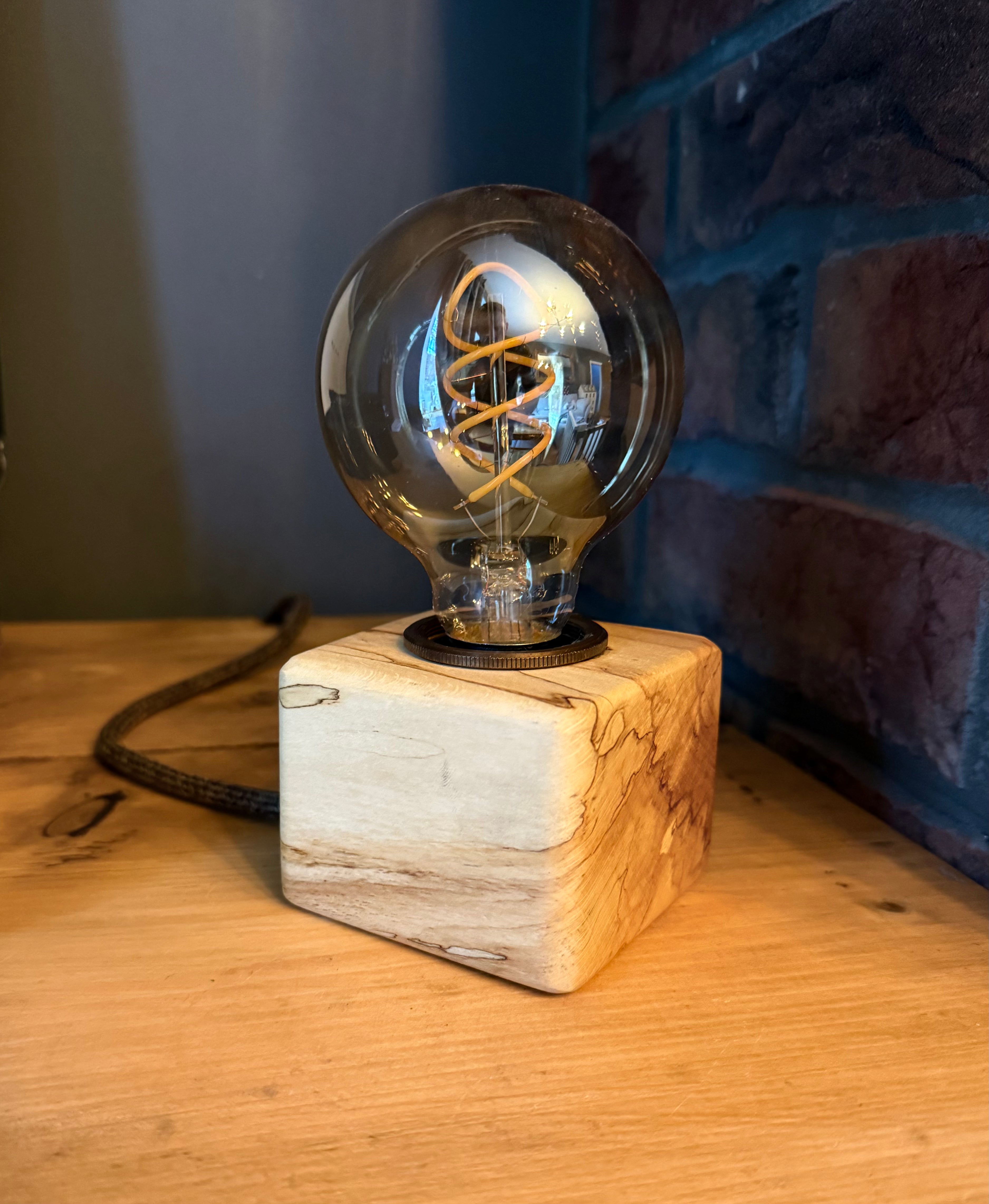 Handmade Rustic Spalted Beech Wood Cube Lamp with Brown Marl Fabric Cable