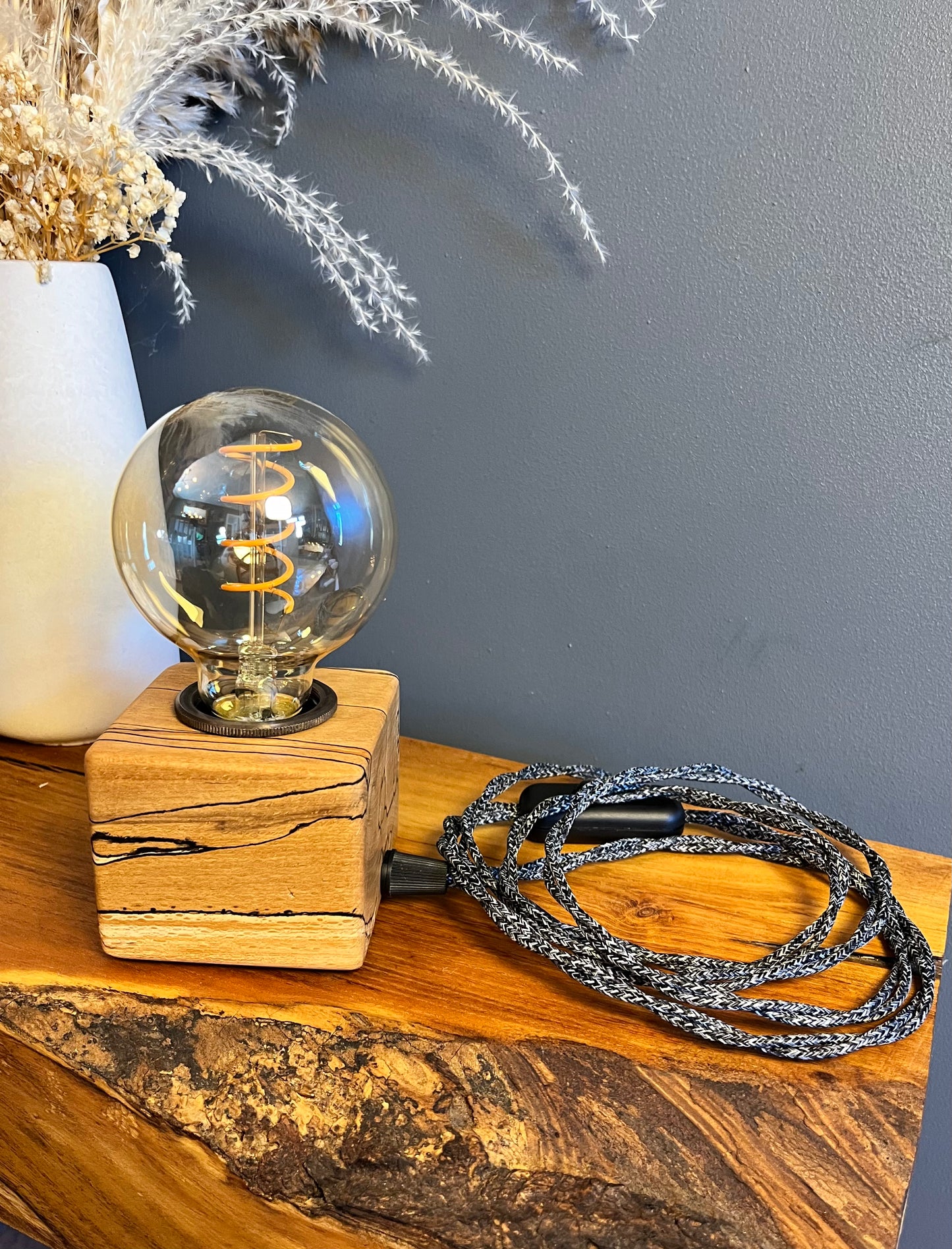 Handmade Rustic Spalted Beech Wood Cube Lamp with Grey Marl Fabric Cable