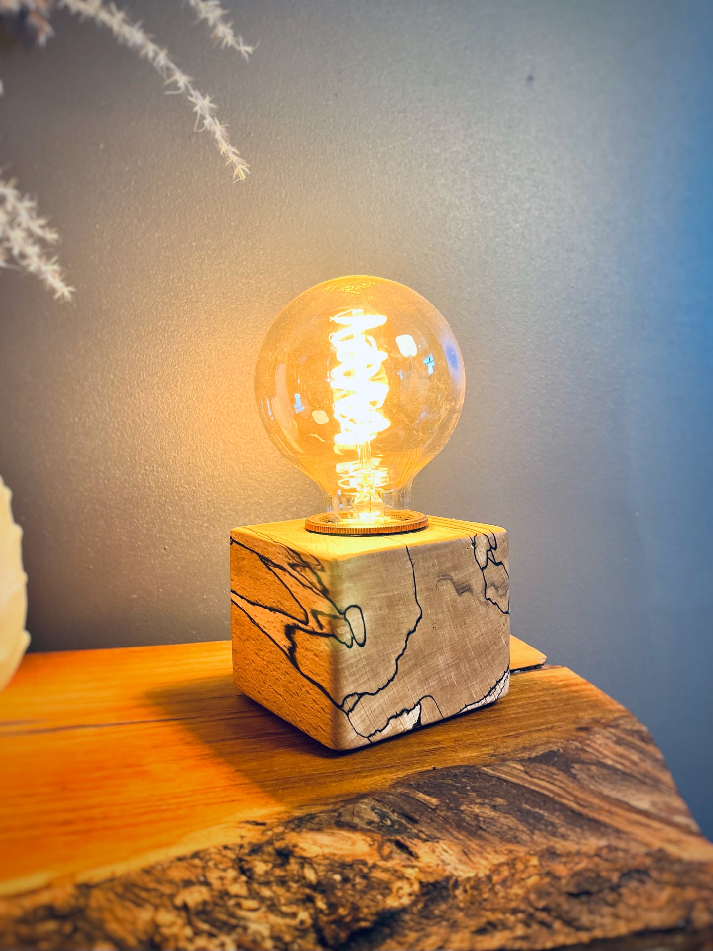 Handmade Rustic Spalted Beech Wood Cube Lamp with Grey Marl Fabric Cable