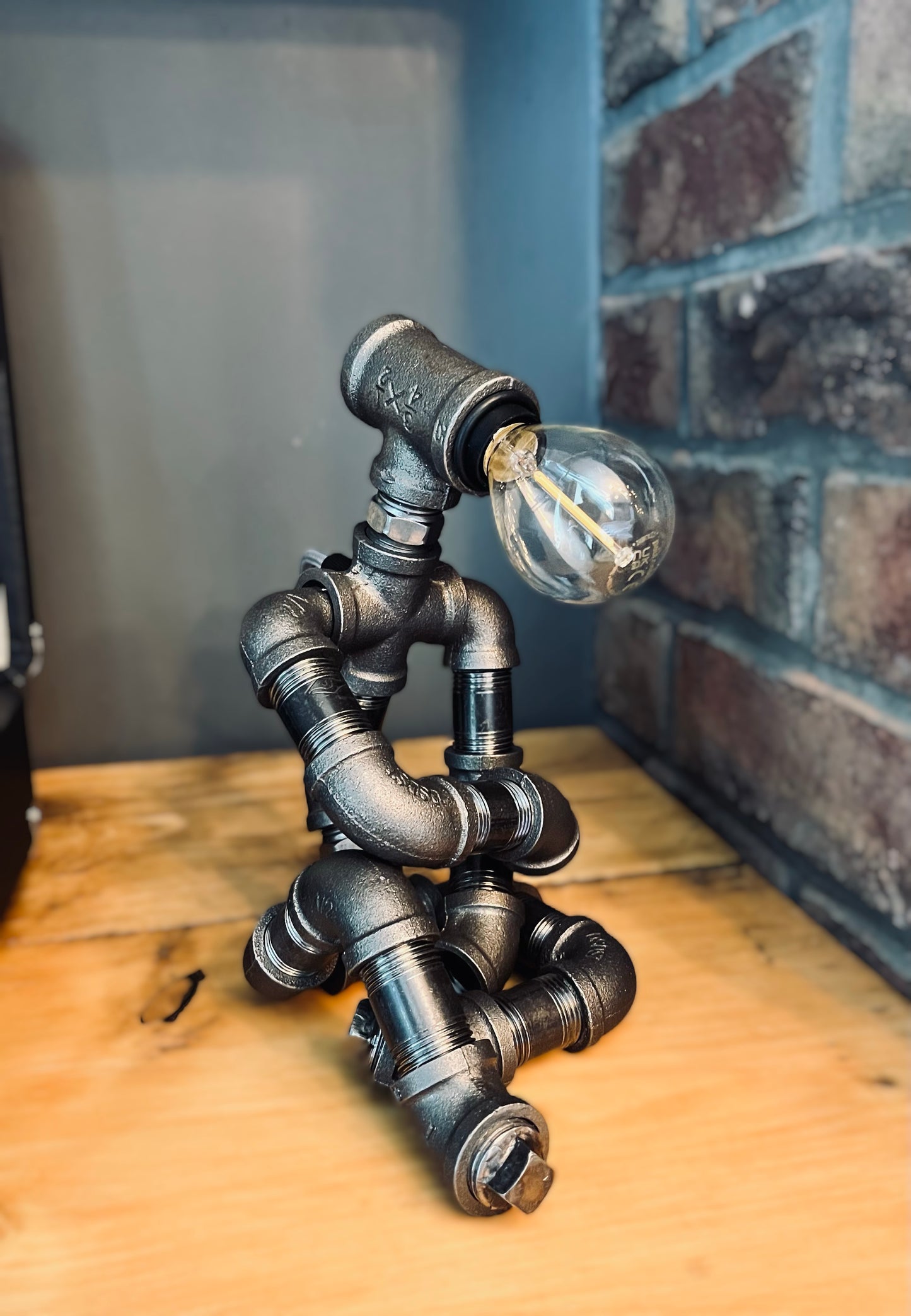 The Thinking Man Industrial Iron Pipe Lamp & Modern White Bulb