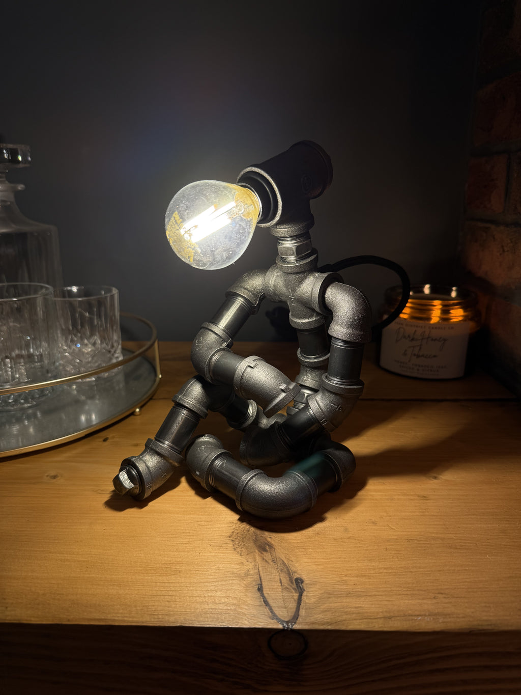 The Thinking Man Industrial Iron Pipe Lamp & Modern White Bulb