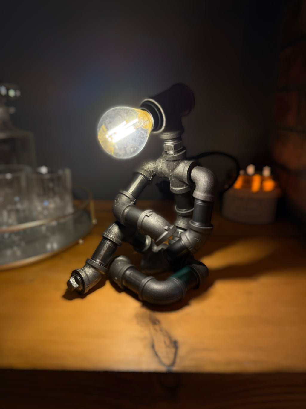 The Thinking Man Industrial Iron Pipe Lamp & Modern White Bulb