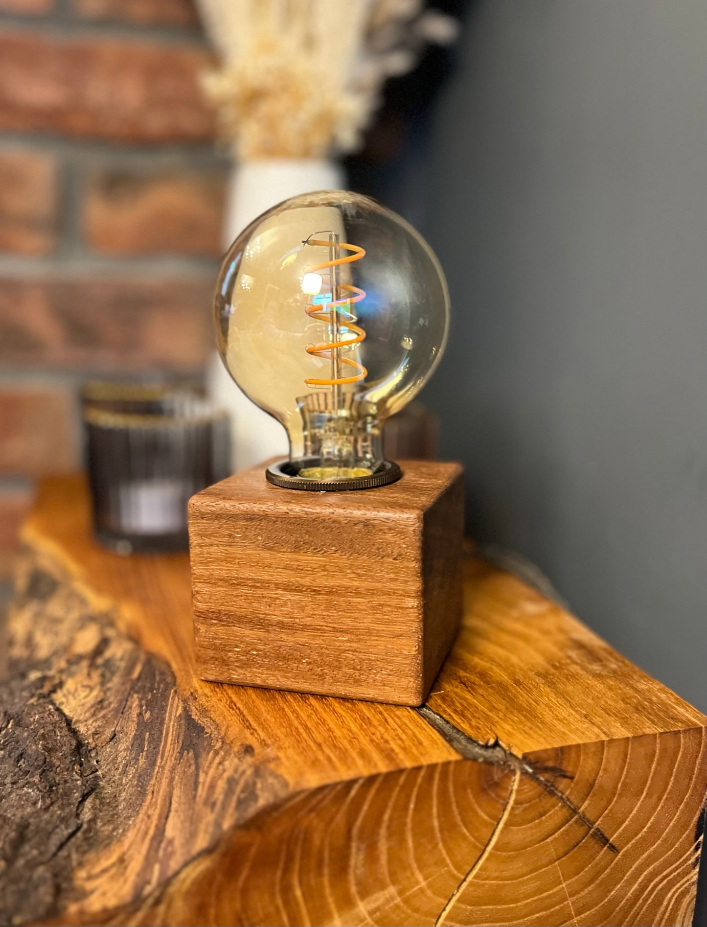 Handmade Rustic Solid Iroko Wood Cube Lamp with Brown Marl Fabric Cable