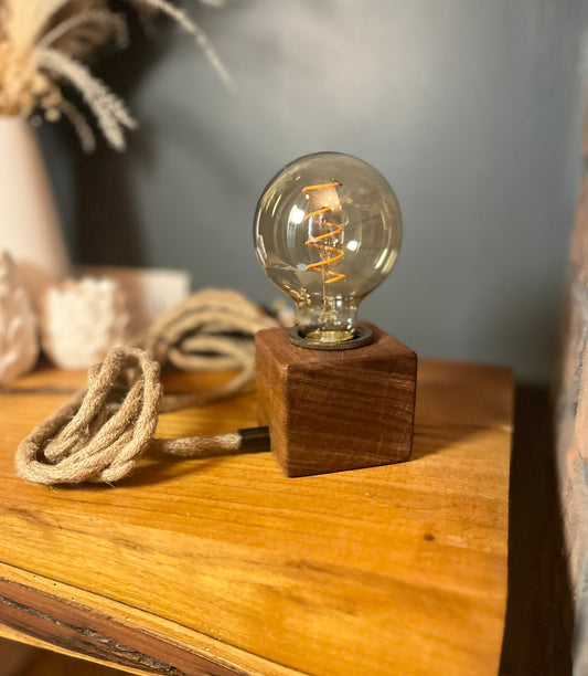 Handmade Rustic Solid Iroko Wood Cube Lamp with Rope Cable