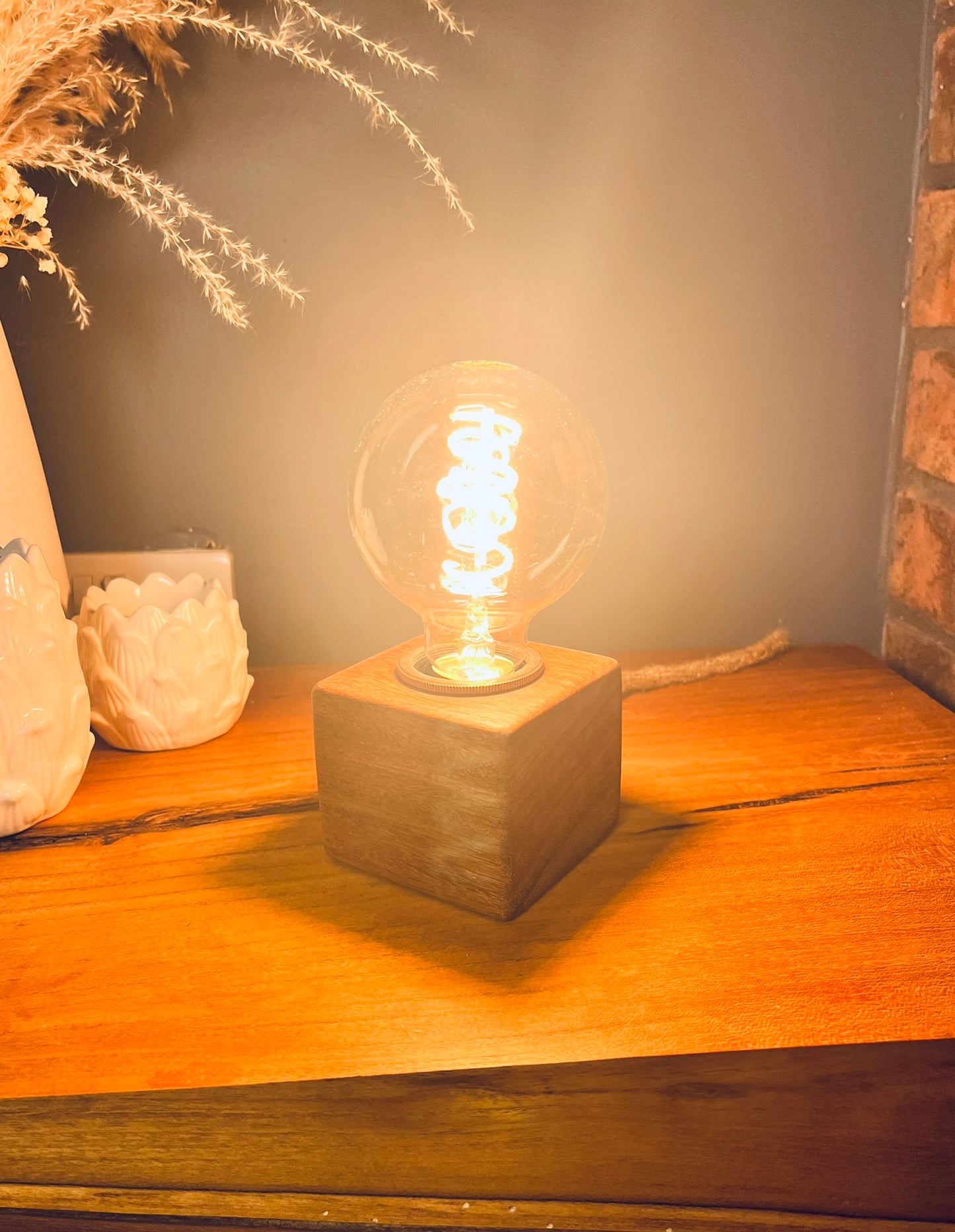 Handmade Rustic Solid Iroko Wood Cube Lamp with Rope Cable