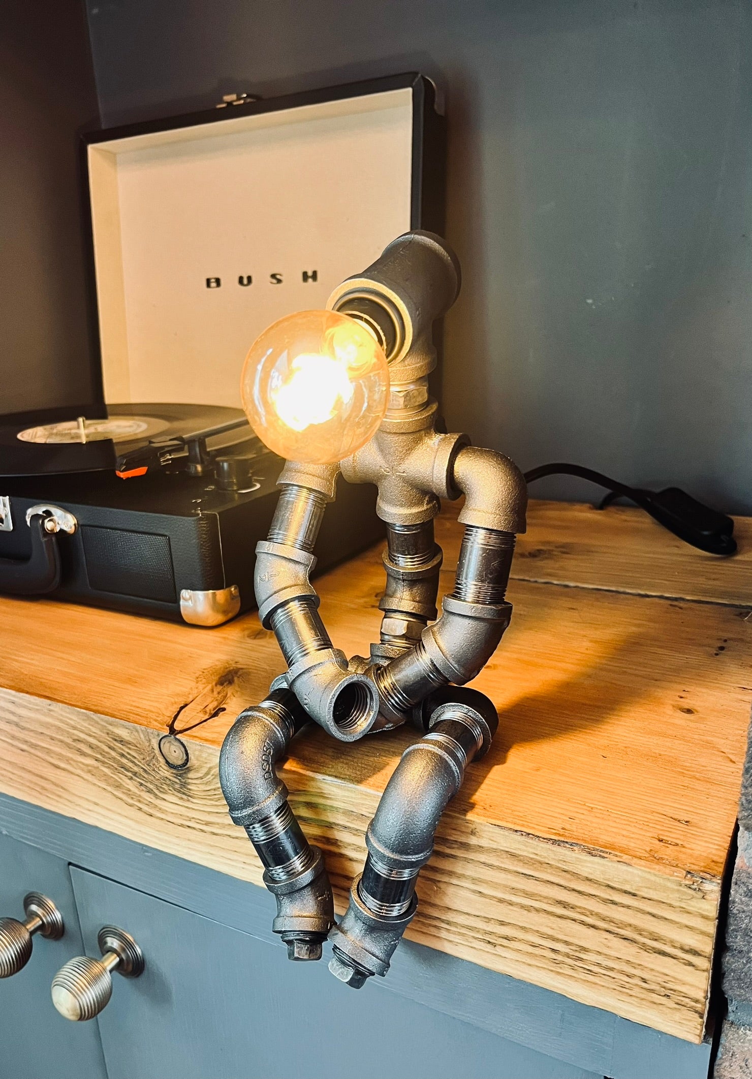 Pipeman Rustic Lamp The Pensive Man Industrial Style Iron Pipe Man Lamp & Vintage Bulb ...
