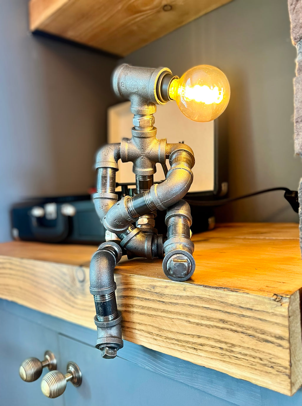 The Companion Industrial Iron Pipe Person Robot Lamp & Vintage Bulb