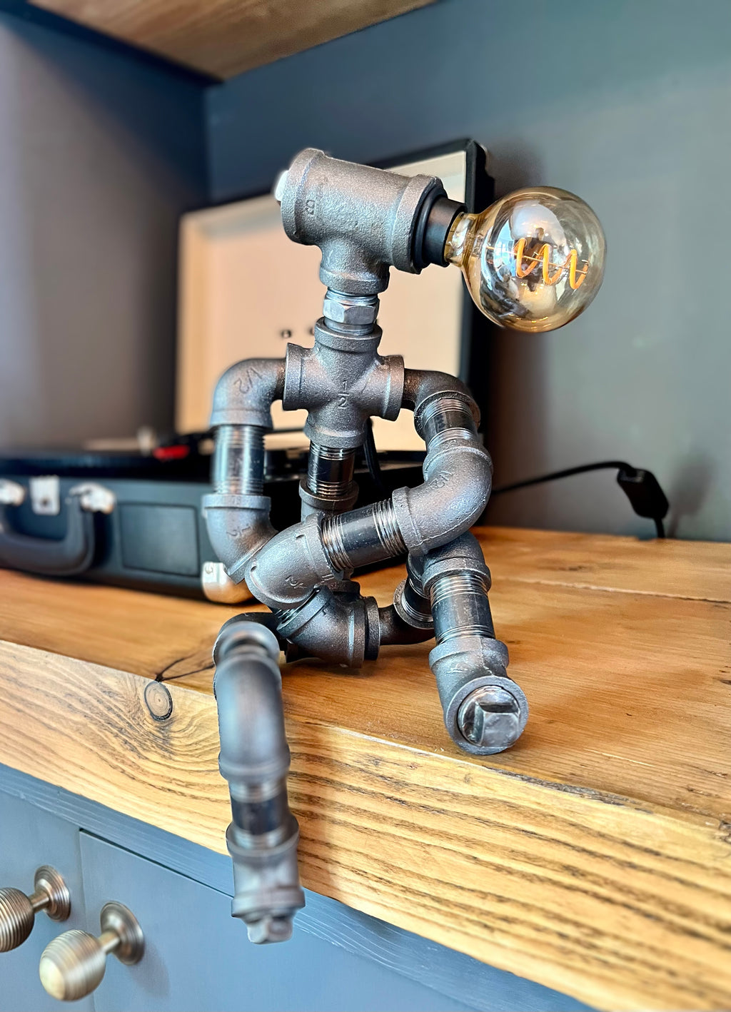 The Companion Industrial Iron Pipe Person Robot Lamp & Vintage Bulb