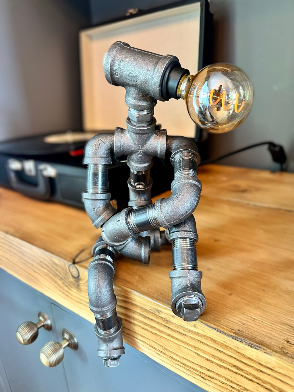The Companion Industrial Iron Pipe Person Robot Lamp & Vintage Bulb