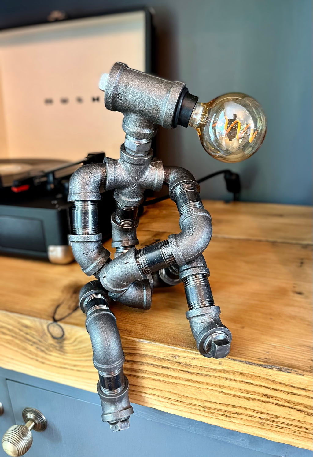 The Companion Industrial Iron Pipe Person Robot Lamp & Vintage Bulb