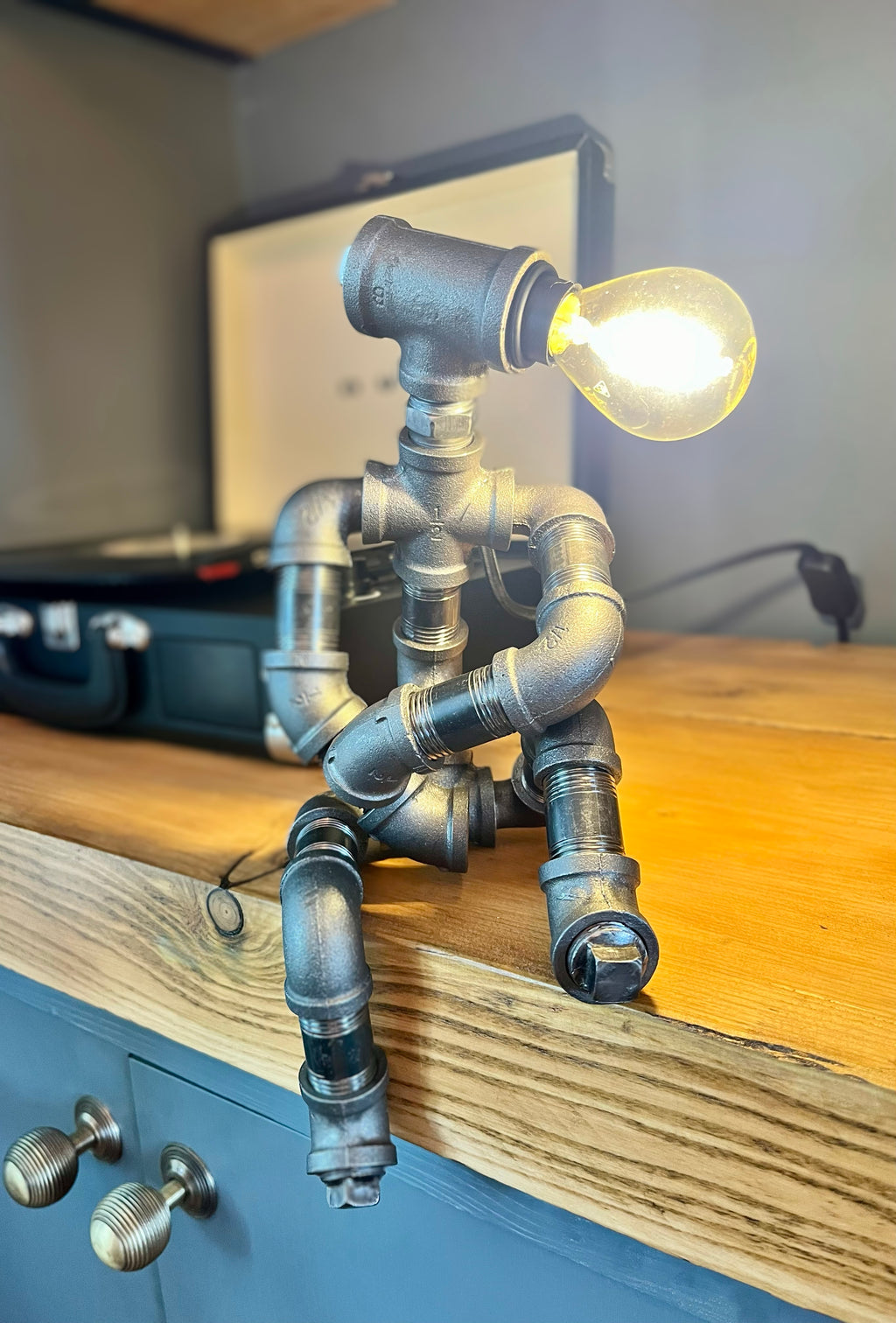 The Companion Industrial Iron Pipe Person Robot Lamp & Modern White Bulb