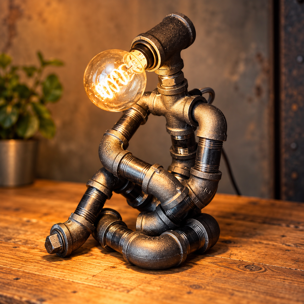 The Thinking Man Industrial Iron Pipe Lamp & Vintage Style Bulb