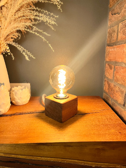 Handmade Rustic Solid Iroko Wood Cube Lamp with Grey Marl Fabric Cable