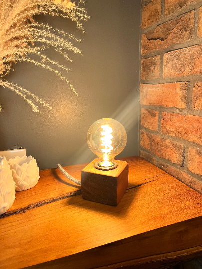 Handmade Rustic Solid Iroko Wood Cube Lamp with Grey Marl Fabric Cable