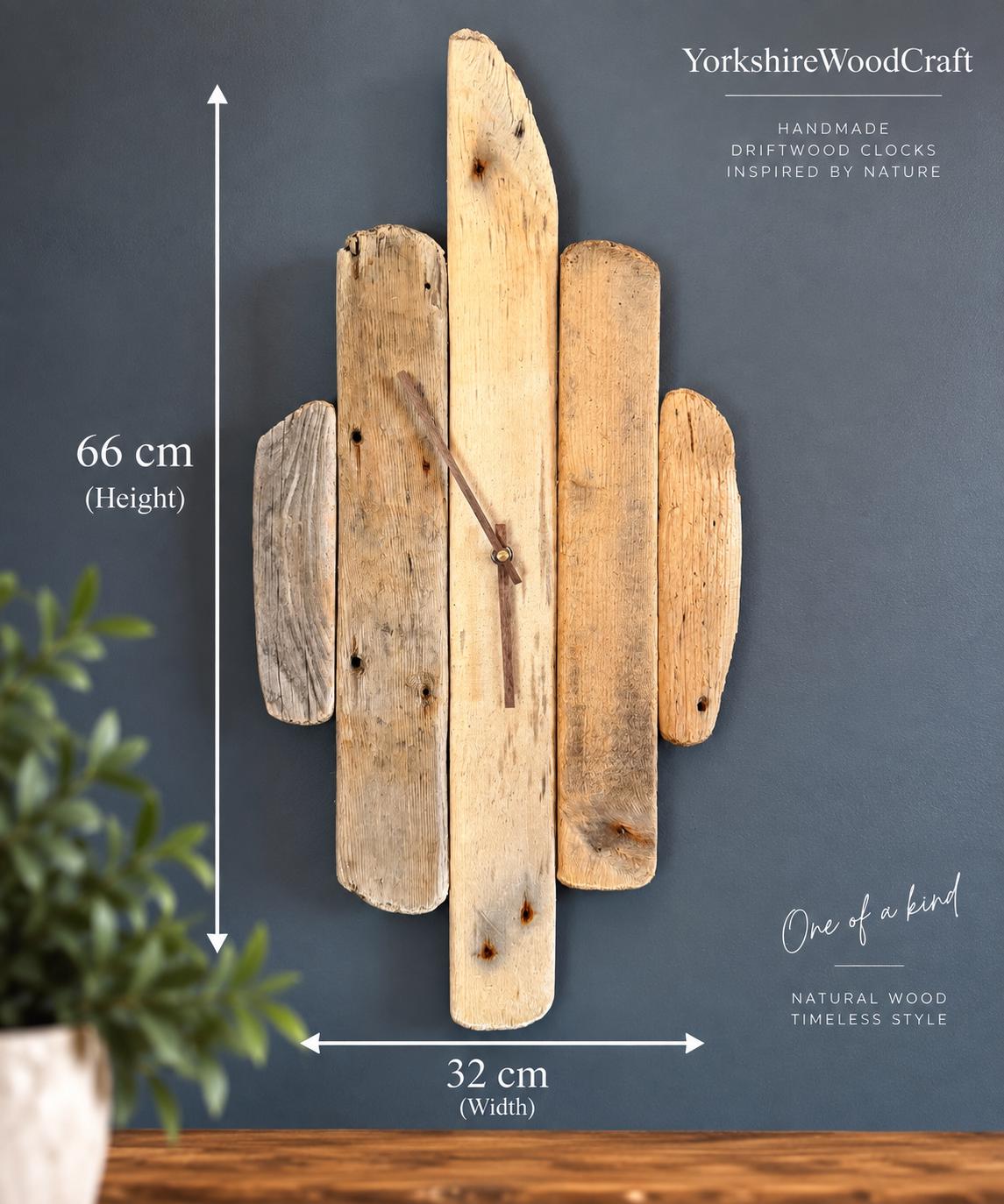 Large Handmade Driftwood Wall Clock – Rustic Reclaimed Wood Clock with Walnut Hands