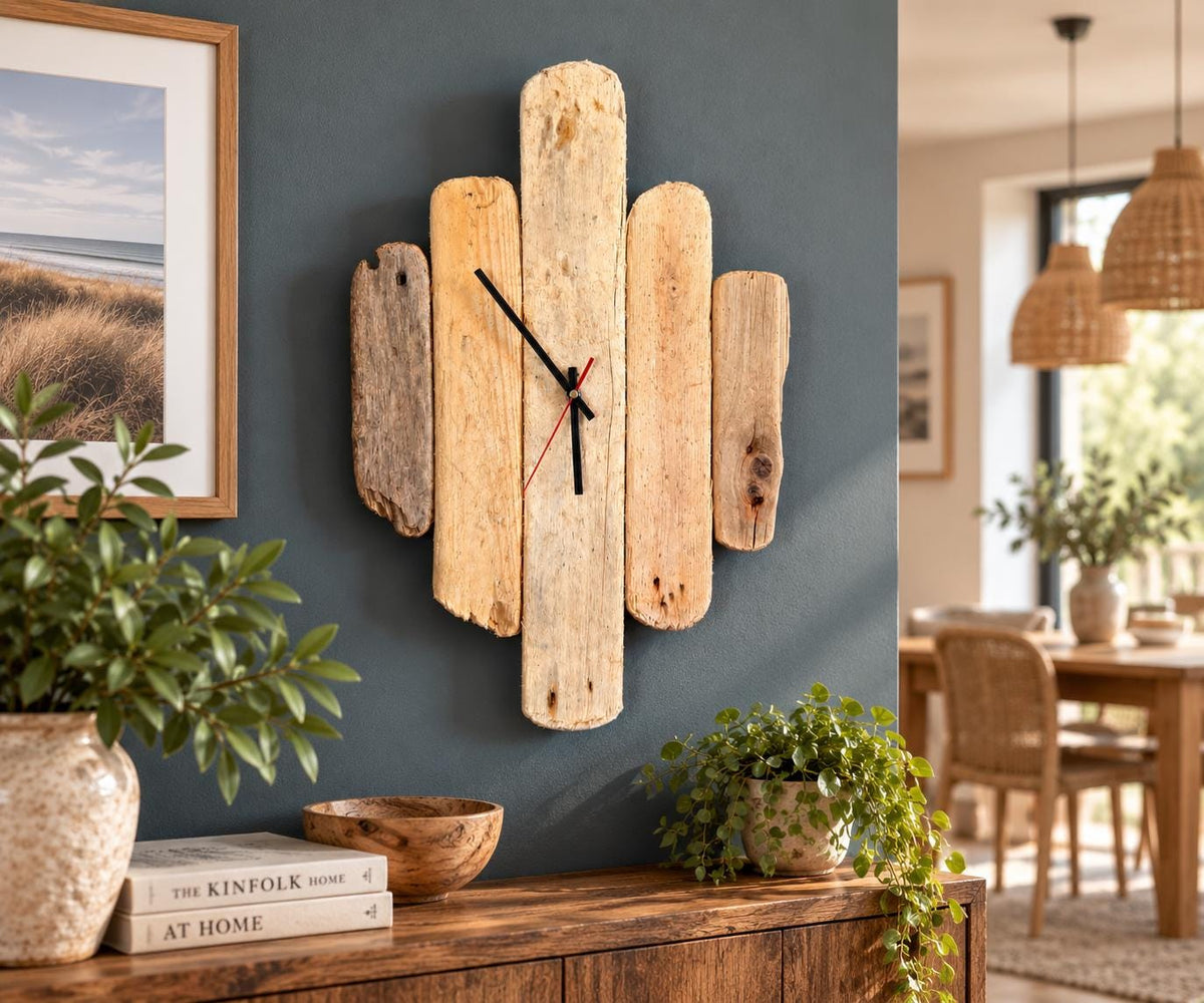Large Handmade Driftwood Wall Clock – Reclaimed Wood Rustic Coastal Home Decor