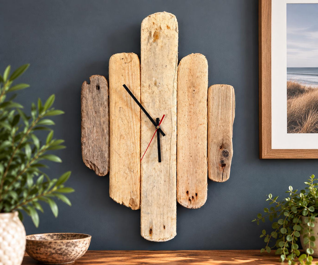 Large Handmade Driftwood Wall Clock – Reclaimed Wood Rustic Coastal Home Decor