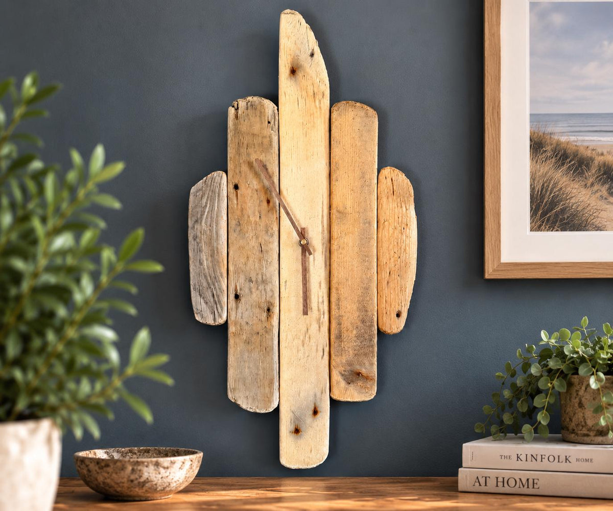 Large Handmade Driftwood Wall Clock – Rustic Reclaimed Wood Clock with Walnut Hands