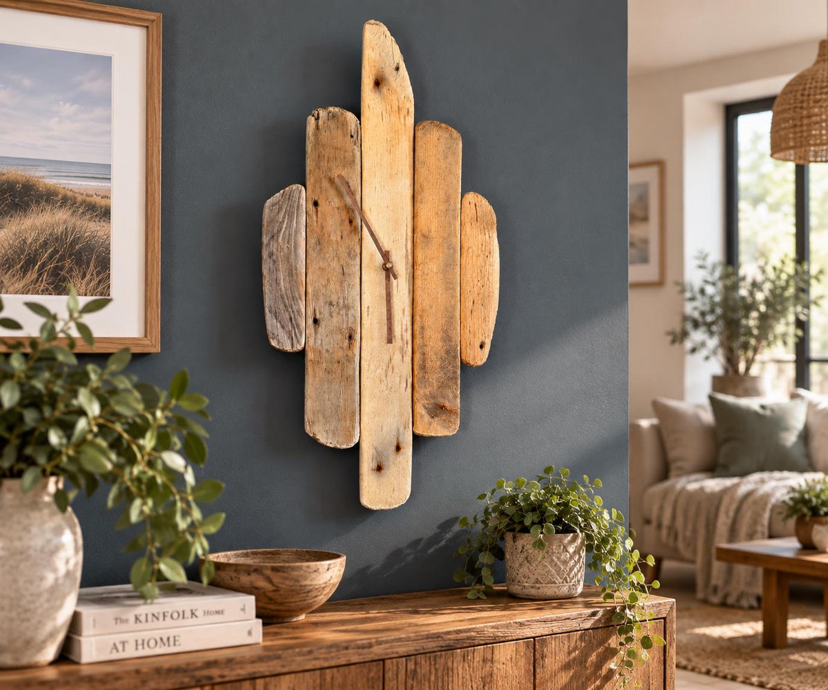 Large Handmade Driftwood Wall Clock – Rustic Reclaimed Wood Clock with Walnut Hands