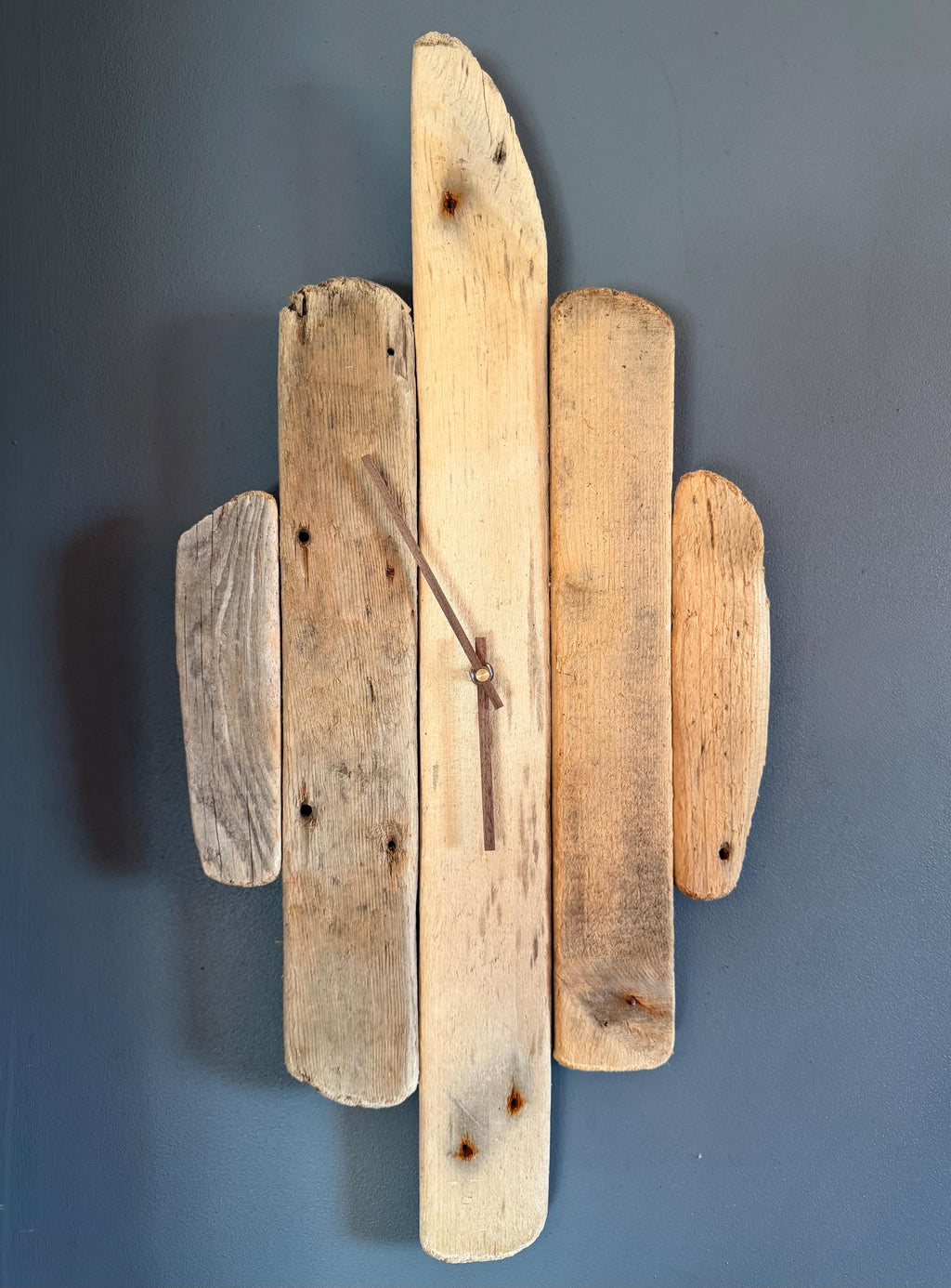 Large Handmade Driftwood Wall Clock – Rustic Reclaimed Wood Clock with Walnut Hands