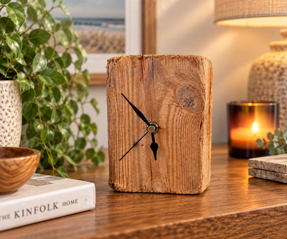 Handmade Driftwood Table Clock – Rustic Wooden Desk Clock Coastal Home Decor