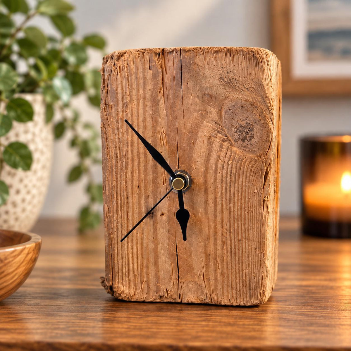 Handmade Driftwood Table Clock – Rustic Wooden Desk Clock Coastal Home Decor