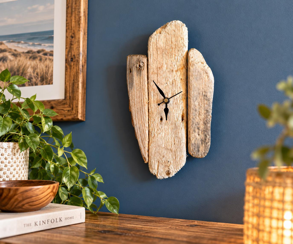 Small Handmade Driftwood Wall Clock – Rustic Coastal Wood Home Decor