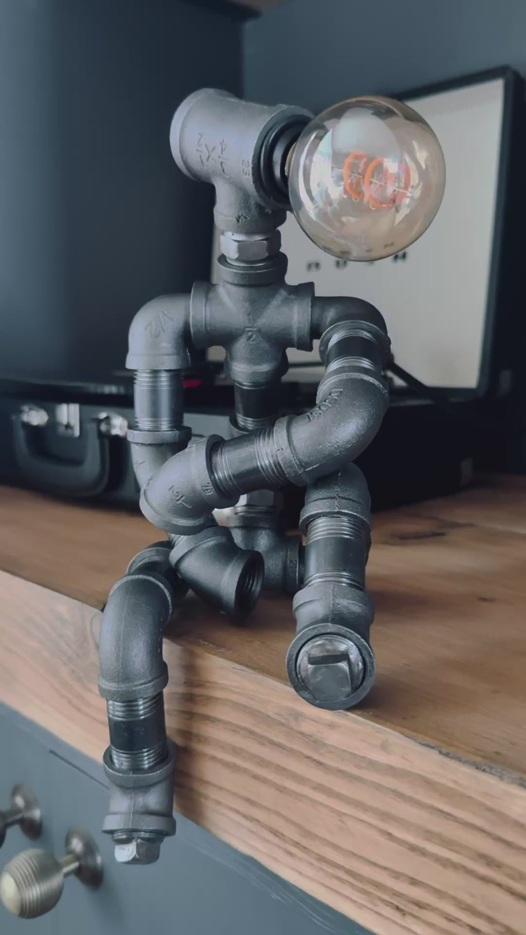 The Companion Industrial Iron Pipe Person Robot Lamp & Vintage Bulb