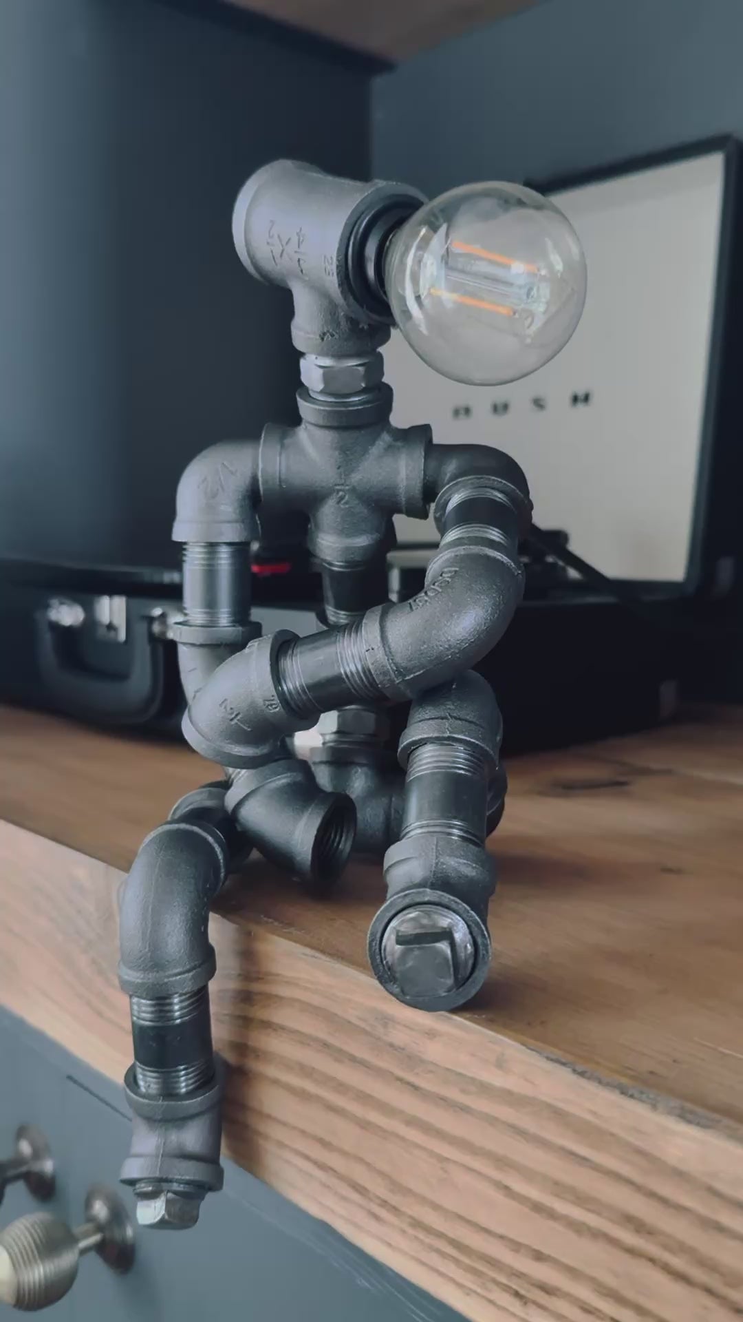 The Companion Industrial Iron Pipe Person Robot Lamp & Modern White Bulb